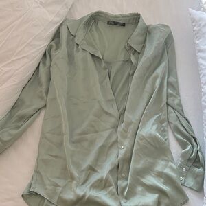Zara Women's Sage Satin Button-Down Shirt